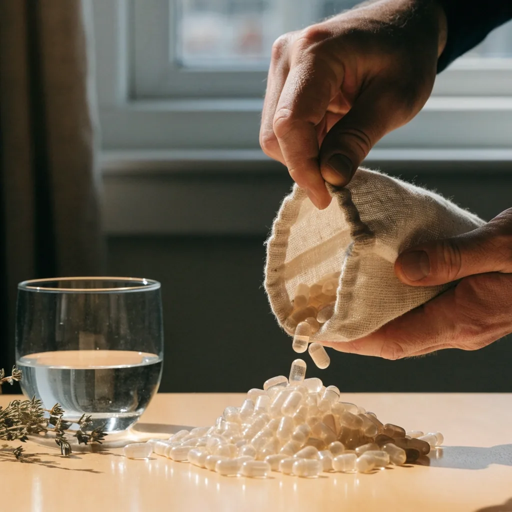 Carnet ouvert, verre d'eau, sachet de lin et gélules naturelles disposés sur une table en bois