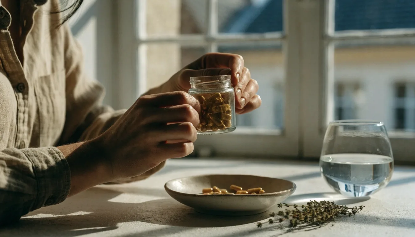 Gélules naturelles dans une coupelle de verre près d'une branche de thym sur une surface claire