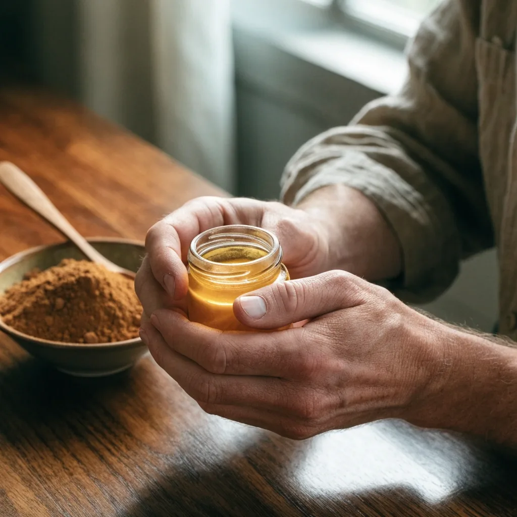 Gelée royale et maca présentées sur une surface sombre en lumière naturelle