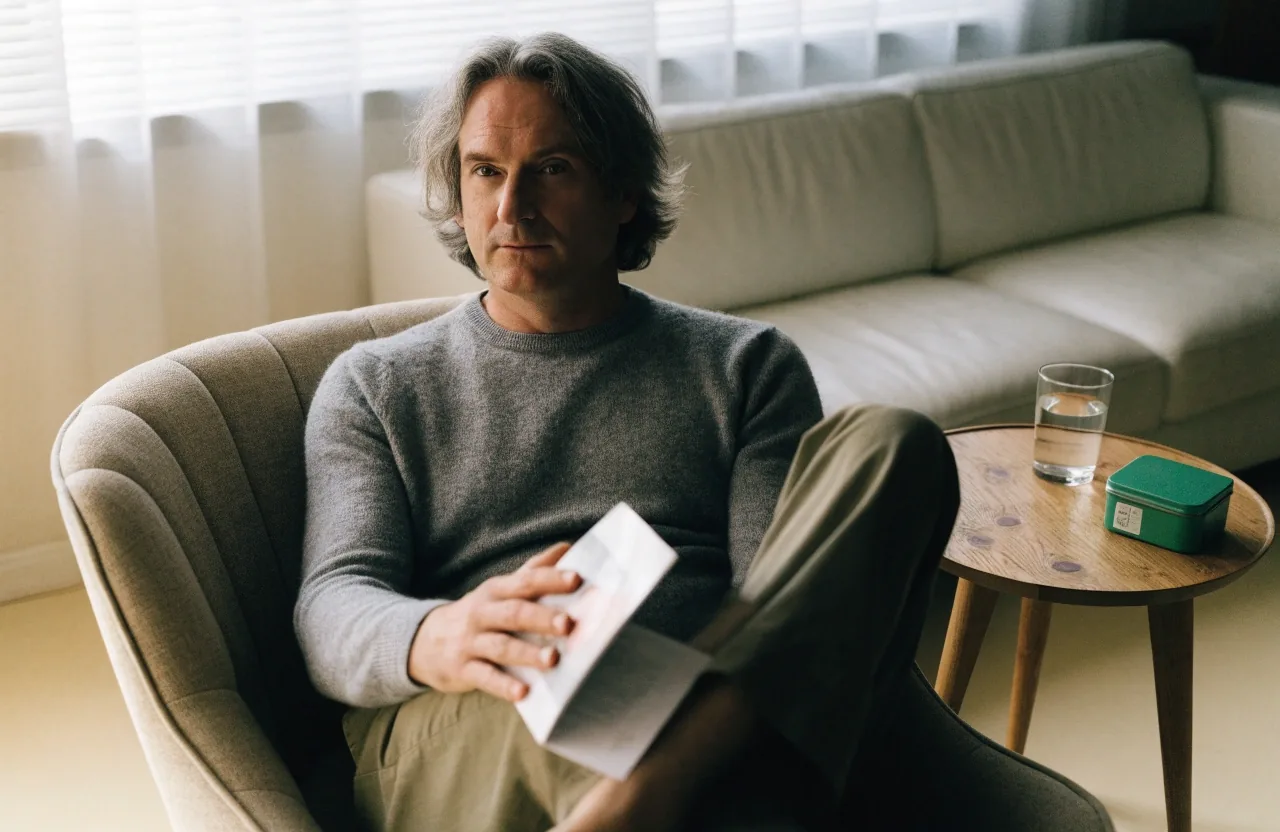Un homme assis dans un fauteuil lit une brochure, un verre d'eau et une boîte verte posés sur une table basse