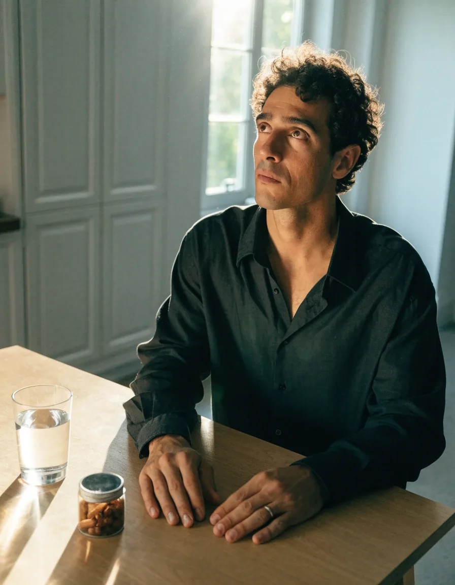 Un homme assis à une table de cuisine lumineuse, un verre d'eau et un petit flacon de complément posés devant lui