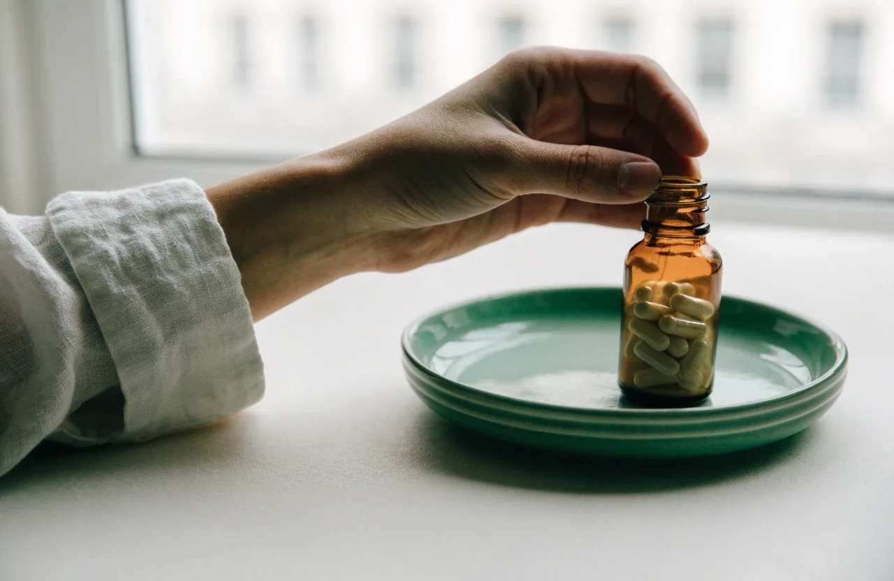 Flacon de vitamine D et de zinc posé sur un plateau en céramique près d'une fenêtre