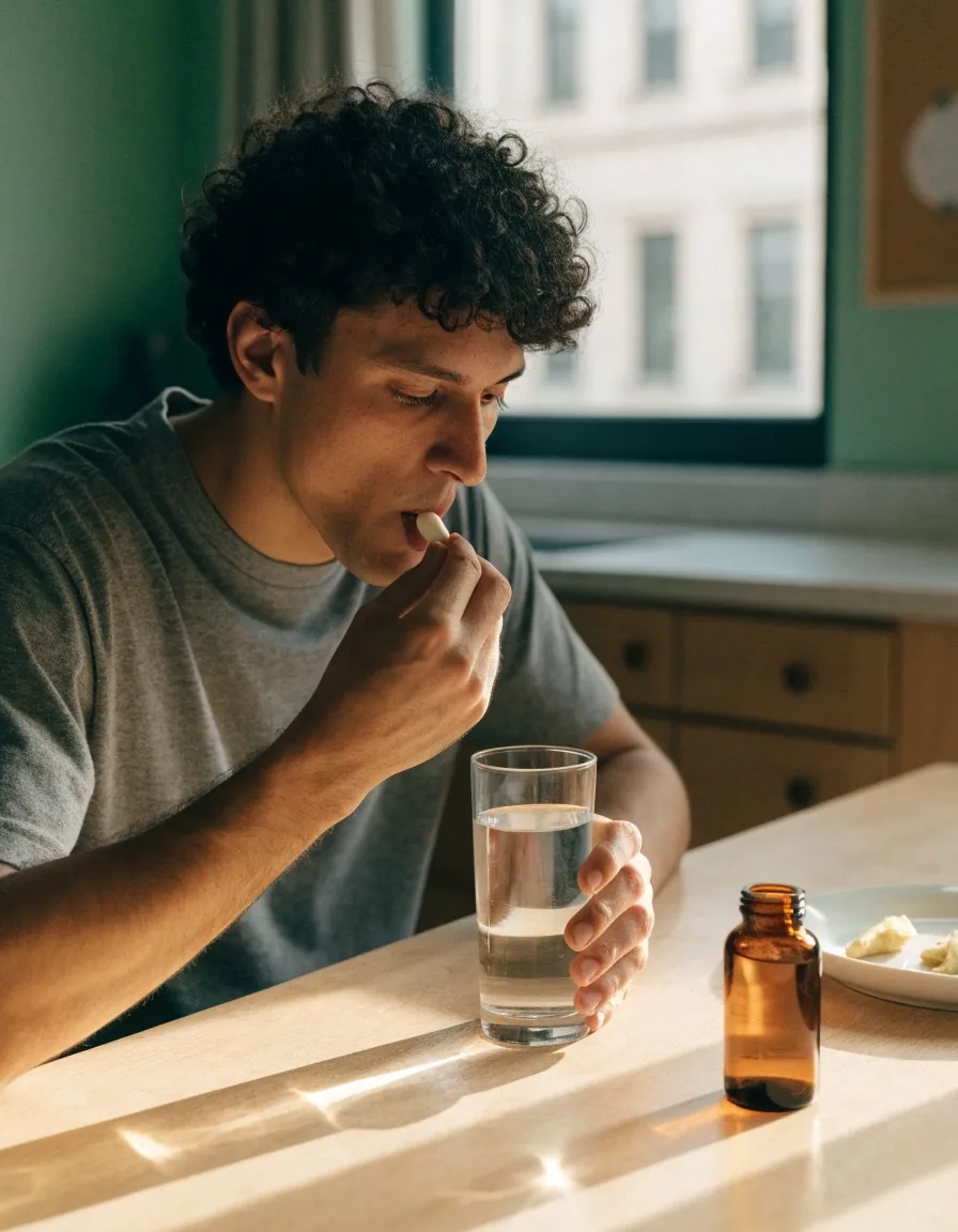 Prise matinale d'un complément alimentaire avec un verre d'eau à table
