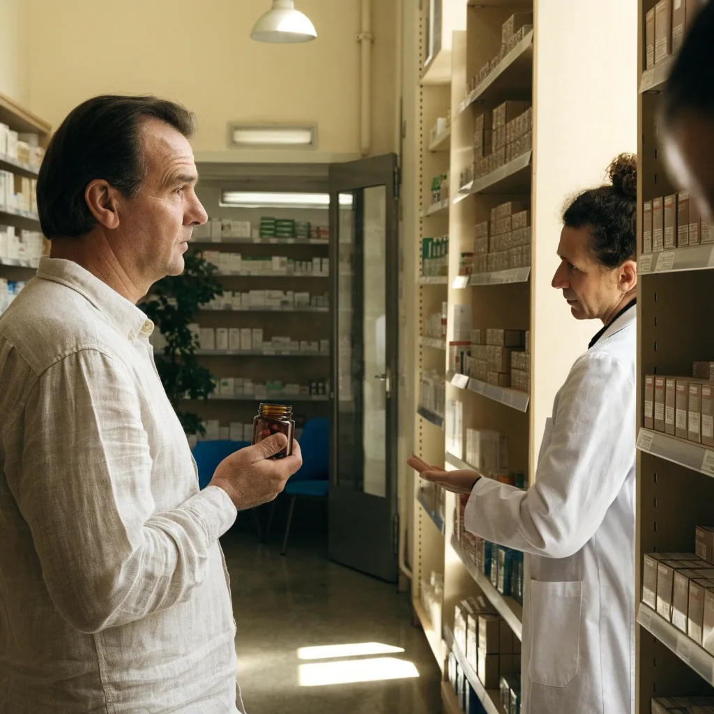 Rayon de compléments multivitaminés dans une pharmacie française, lumière du jour calme