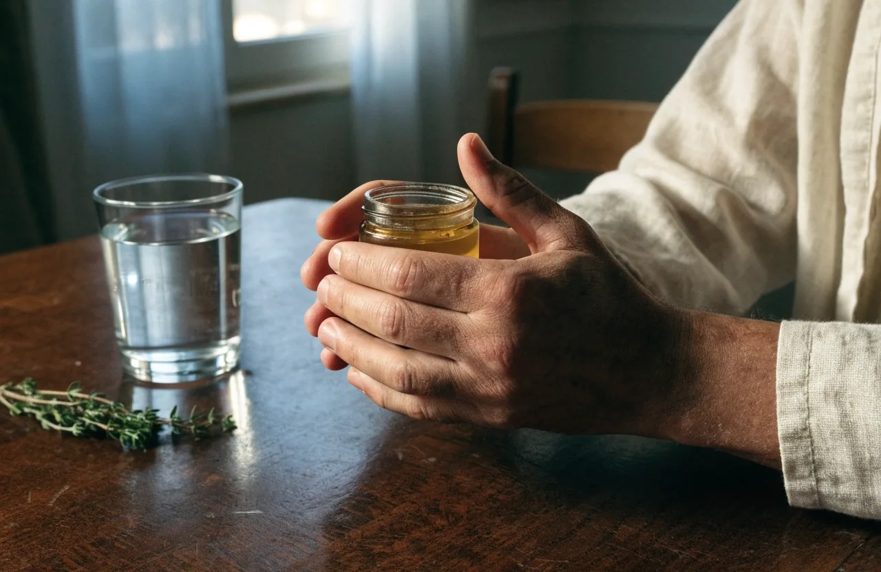 Bocal de complément en verre ambré, verre d'eau et capsules posées sur une table en bois sombre