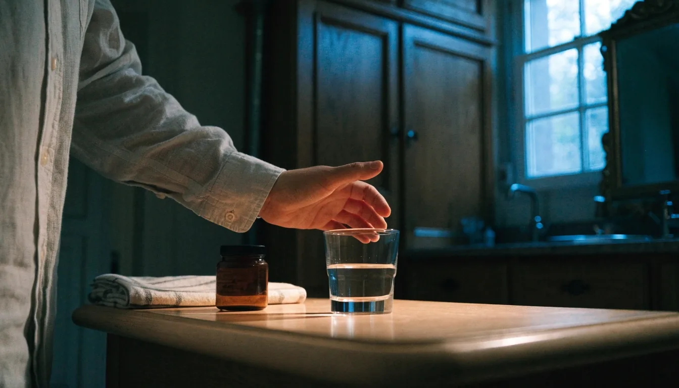 Paire de chaussures de course posée près d'une porte et verre d'eau sur une table en bois, lumière du soir