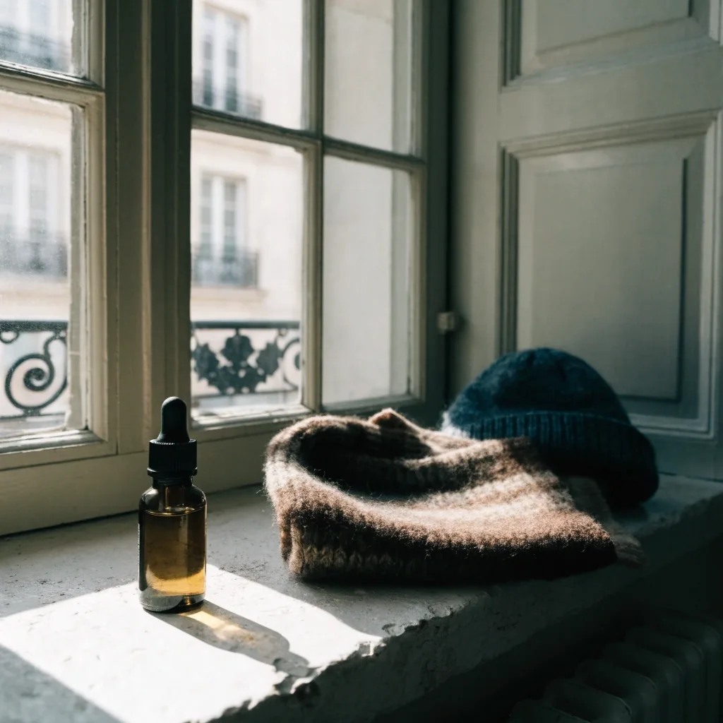 Petit flacon de gouttes posé sur un rebord de fenêtre en hiver, bonnet et écharpe à côté