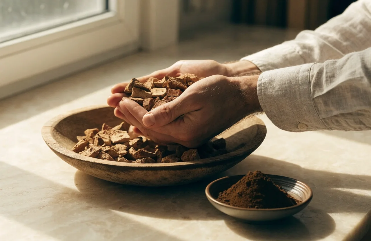 Racines de maca séchées sur un plateau tissé, sachet de poudre à côté