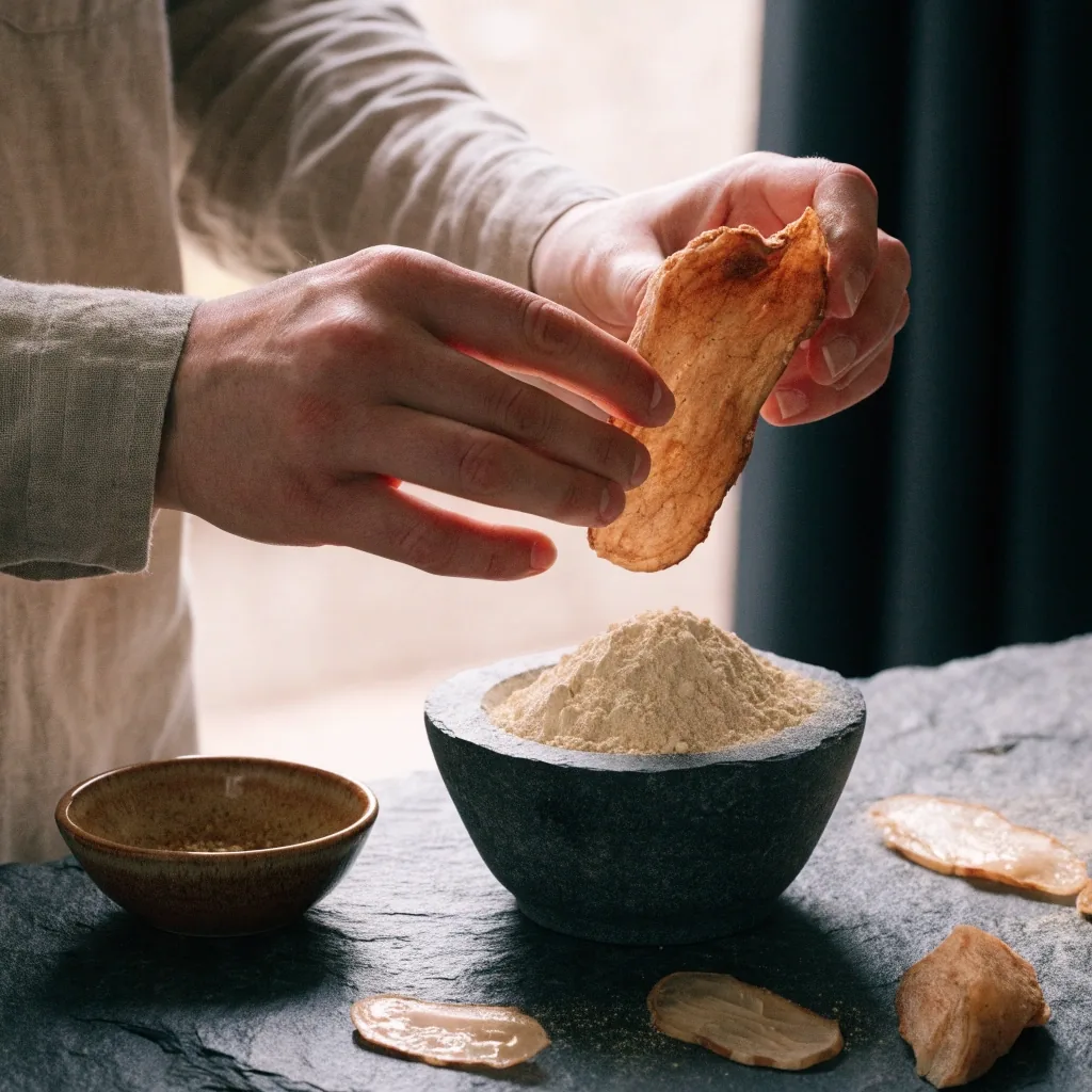 Poudre et racines de maca présentées dans un petit plat en céramique sur une surface en ardoise