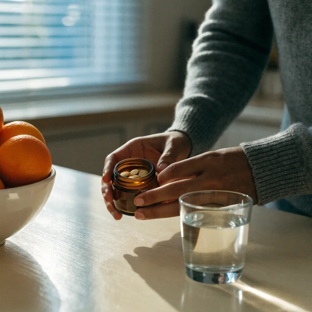 Un verre d'eau et un flacon de comprimés multivitaminés posés sur un comptoir en bois dans la lumière du matin