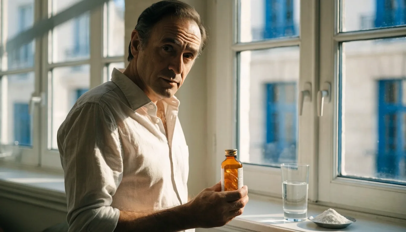 Un homme pose une multivitamine sur une table en bois éclairée par la lumière du matin, près d'un verre d'eau et de maca en poudre