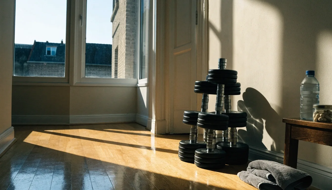 Un coin d'entraînement à domicile près d'une fenêtre, avec haltères, serviette et un flacon de gélules posé sur un tabouret