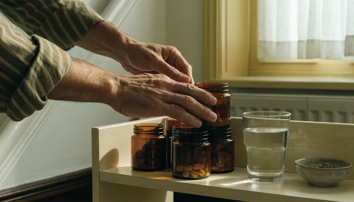 Lumière du matin sur un appui de fenêtre avec un verre d'eau et des flacons de compléments