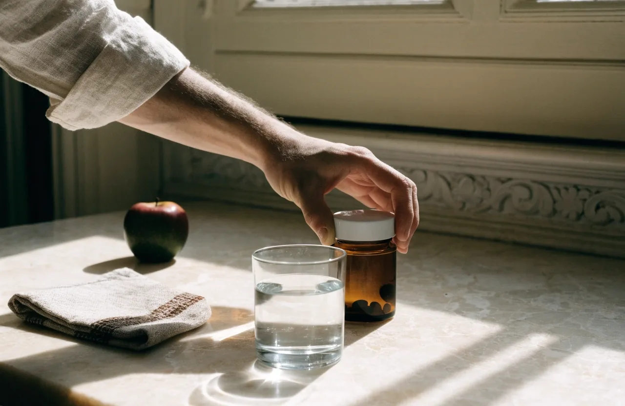 Verre d'eau et récipient de complément posés sur un plan de travail le matin