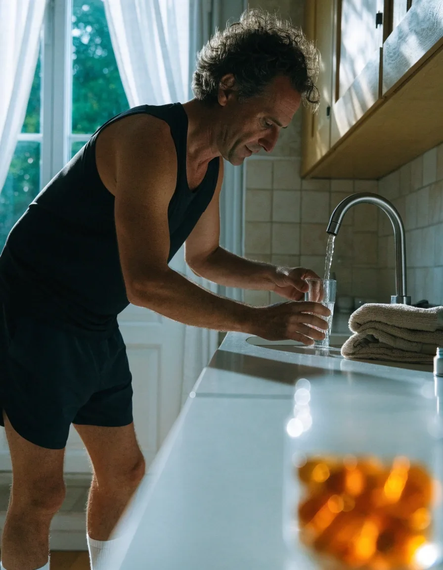 Homme préparant sa prise du matin avec un verre d'eau avant une séance d'activité physique