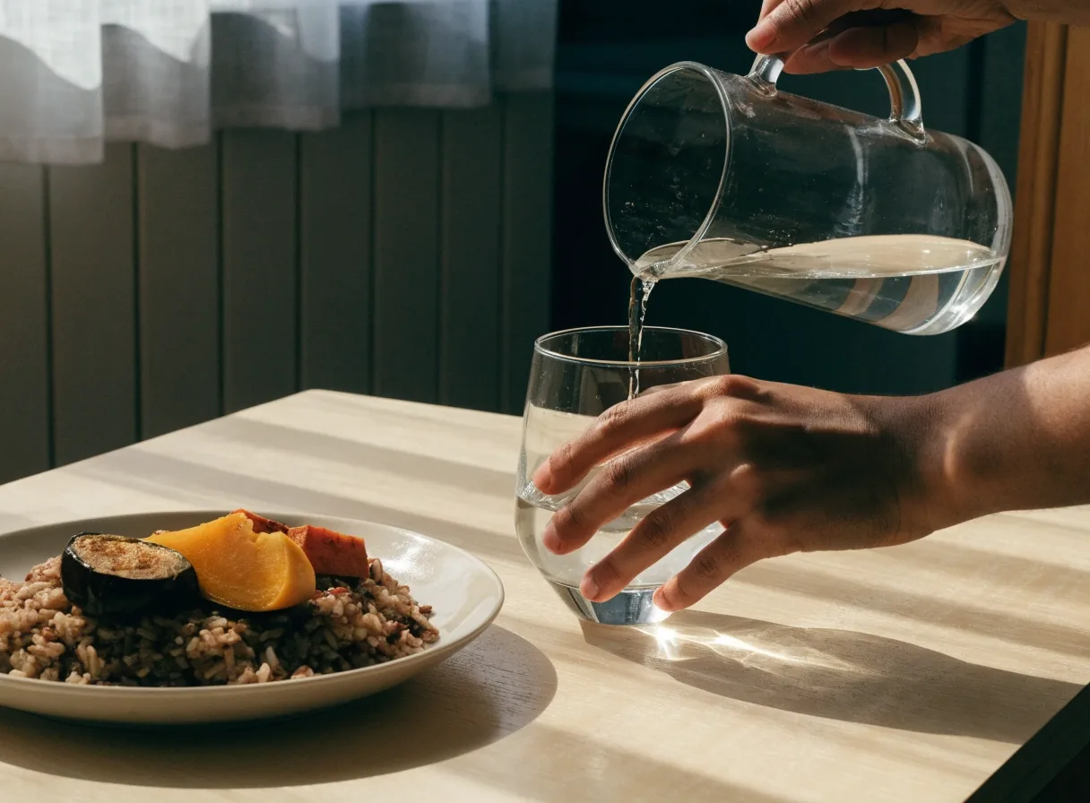 Repas du soir simple et équilibré accompagné d'un grand verre d'eau